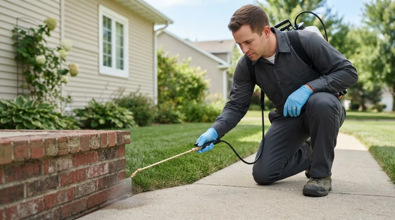 Pest control technician treating a home near Neenah, WI